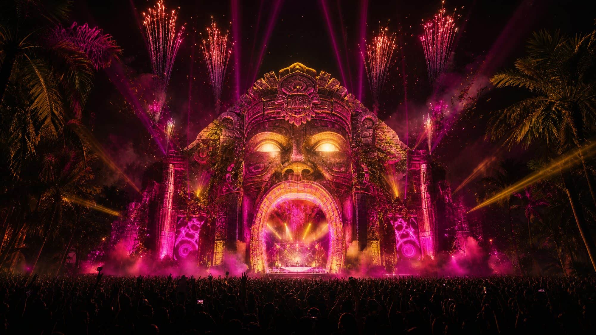 Сцена Tomorrowland Thailand 2026 — светящийся портал-маска над главной сценой